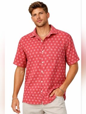 Peter Millar Red Linen Button Up Shirt Mens XL Short Sleeve Casual Summer